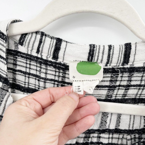 Anthropologie Plaid Belted Top Button Down Size 2P Black White Tie Waist Wool‎ - Picture 5 of 10